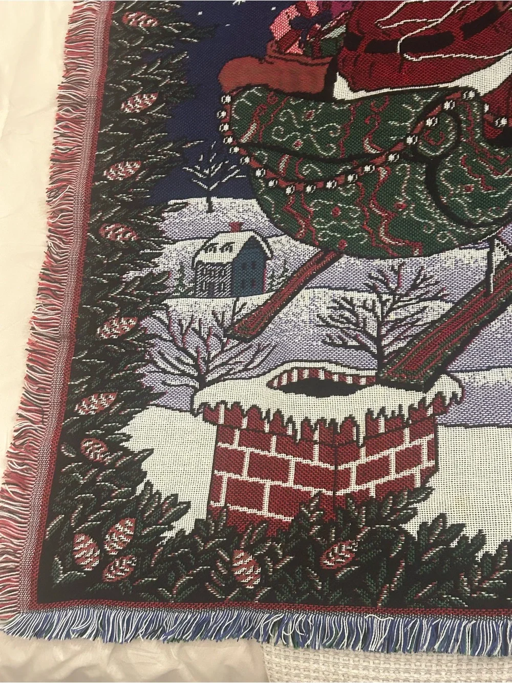Tapestry Santa Sleigh Holiday Throw Blanket - Navy and Red